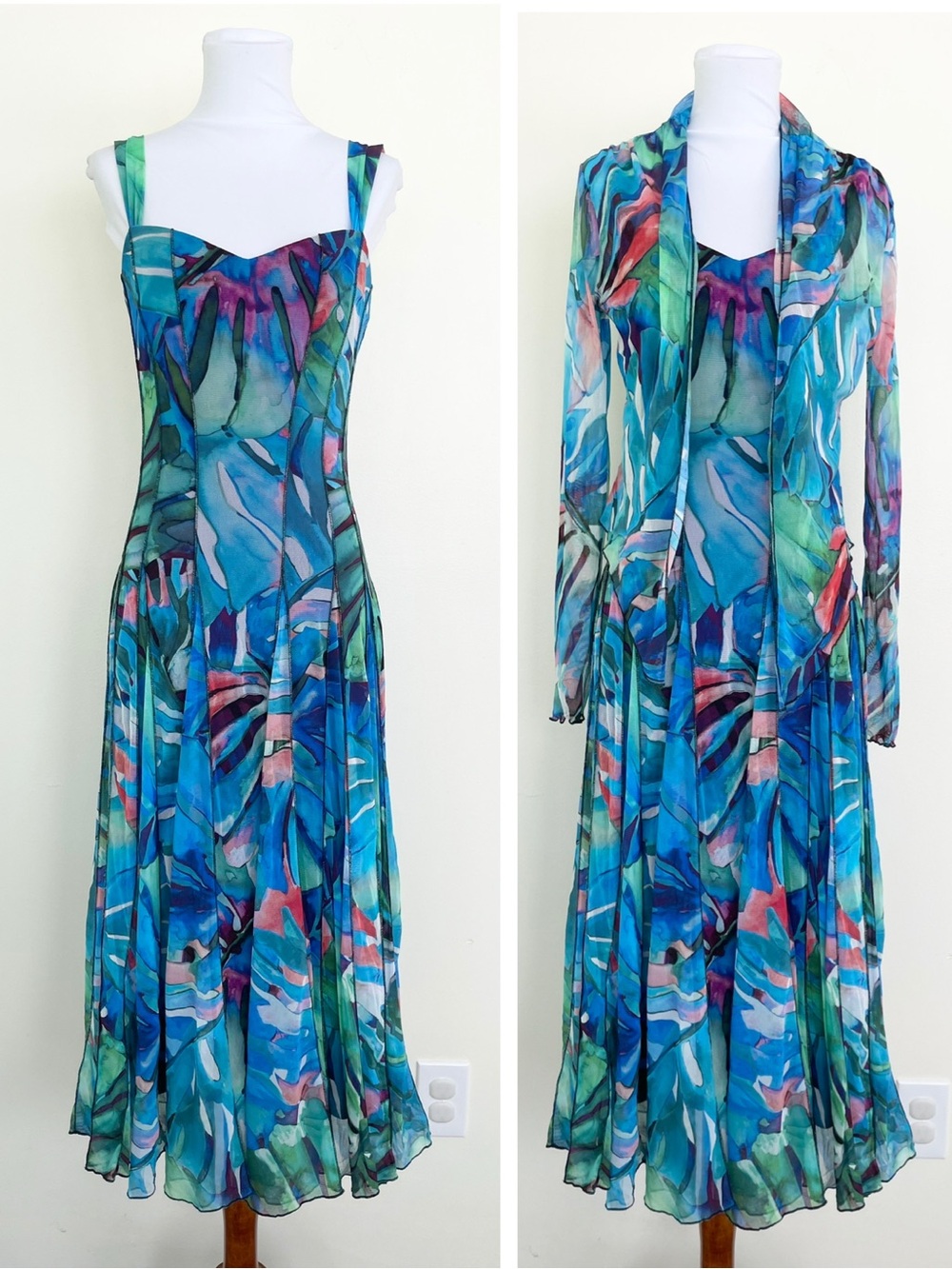 Elana Kattan Sleeveless Fit & Flare Paneled Mesh Dress w Matching Cardigan Blue